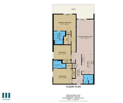 Floor plan for 3 beds, 3 baths, 1366 sqft